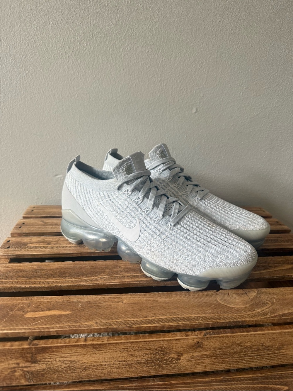Nike Women’s White and Light Gray VaporMax Flyknit Sneakers